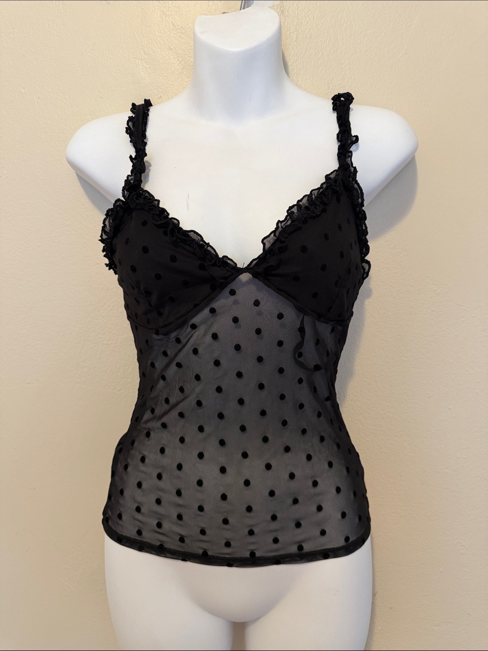 Black Sheer Polka Dot Ruffle-Trim Camisole